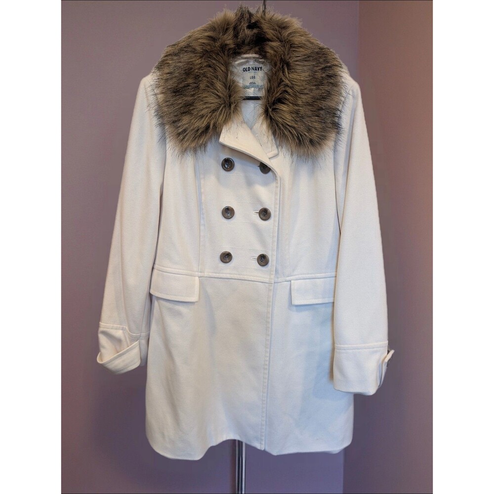 Women's Old Navy Removable Faux Fur Trim Double Breasted Peacoat White Large